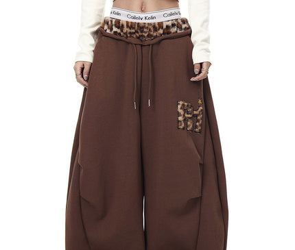 TALKLESSFASHION S / B3112 Slacks - Brown Vintage plush leopard print embroidered patch paneled wide-leg sweatpants women's loose casual hip hop jazz dance scimitar pants