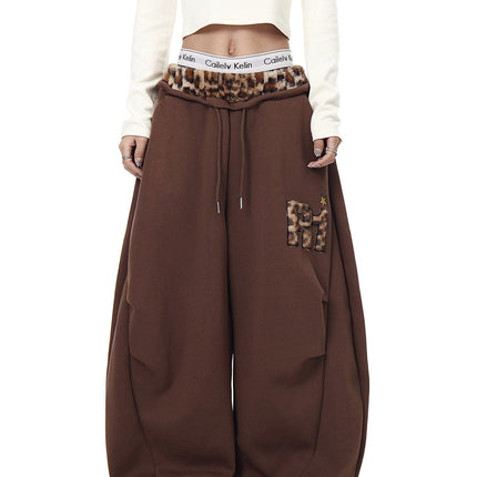 TALKLESSFASHION S / B3112 Slacks - Brown Vintage plush leopard print embroidered patch paneled wide-leg sweatpants women's loose casual hip hop jazz dance scimitar pants
