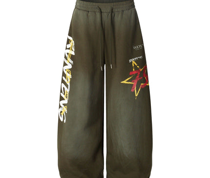 TALKLESSFASHION S / B3137 Slacks - Green European and American vintage graffiti hot girl style star letter print washed gradient sweatpants women's autumn jazz dance scimitar pants