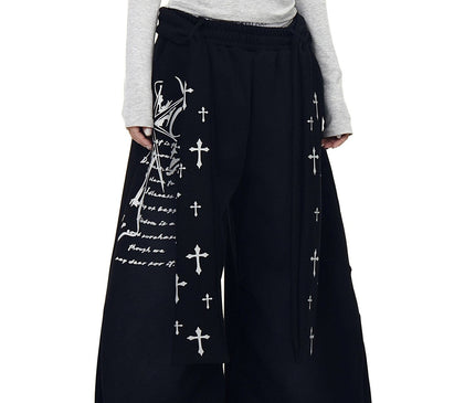 TALKLESSFASHION S / B3153 Slacks* Black [Belt] Korean lazy style hip-hop letter cross printed women's winter fleece jazz dance scimitar pants
