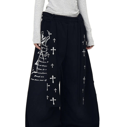 TALKLESSFASHION S / B3153 Slacks* Black [Belt] Korean lazy style hip-hop letter cross printed women's winter fleece jazz dance scimitar pants
