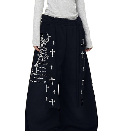 TALKLESSFASHION S / B3153 Slacks* Black [Belt] Korean lazy style hip-hop letter cross printed women's winter fleece jazz dance scimitar pants