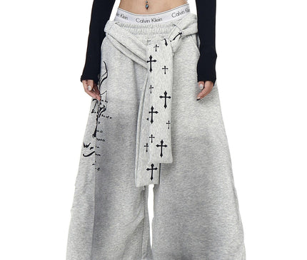 TALKLESSFASHION S / B3153 Slacks* Grey [Belt] Korean lazy style hip-hop letter cross printed women's winter fleece jazz dance scimitar pants