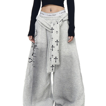 TALKLESSFASHION S / B3153 Slacks* Grey [Belt] Korean lazy style hip-hop letter cross printed women's winter fleece jazz dance scimitar pants