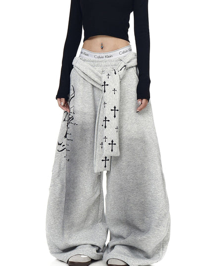 TALKLESSFASHION S / B3153 Slacks* Grey [Belt] Korean lazy style hip-hop letter cross printed women's winter fleece jazz dance scimitar pants