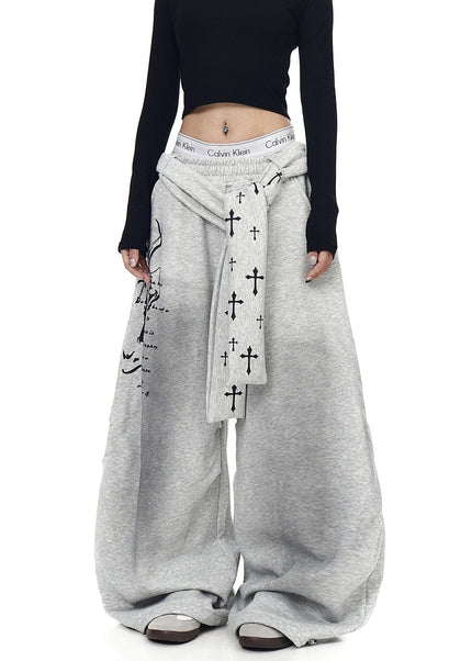THETLSTUDIO S / B3153 Slacks* Grey [Belt] Korean lazy style hip-hop letter cross printed women's winter fleece jazz dance scimitar pants