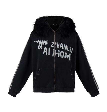 THETLSTUDIO S / black American fur collar detachable hooded fleece sweatshirt for women 2025 winter loose tie-dye distressed cardigan jacket for men