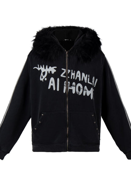 THETLSTUDIO S / black American fur collar detachable hooded fleece sweatshirt for women 2025 winter loose tie-dye distressed cardigan jacket for men
