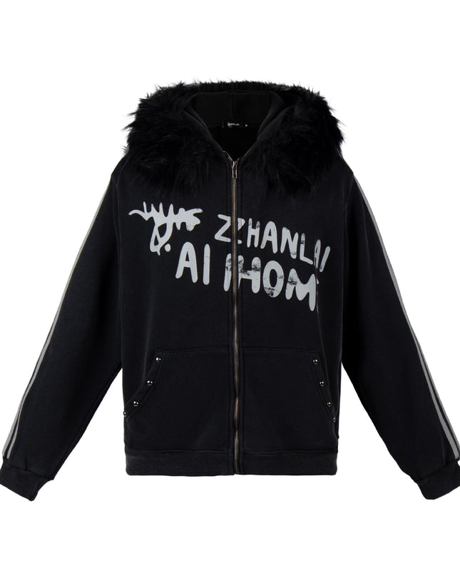 TALKLESSFASHION S / black American fur collar detachable hooded fleece sweatshirt for women 2025 winter loose tie-dye distressed cardigan jacket for men