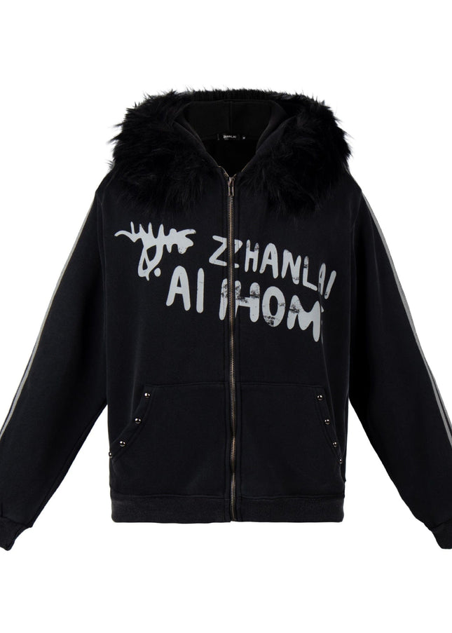 TALKLESSFASHION S / black American fur collar detachable hooded fleece sweatshirt for women 2025 winter loose tie-dye distressed cardigan jacket for men
