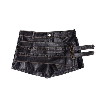 TALKLESSFASHION S / black American sweet and cool metal snap-on double-layer leather shorts 2025 pre-fall new slim asymmetrical old culottes women's clothing