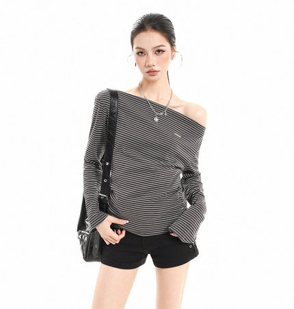 THETLSTUDIO S / Black and white stripes XPKAEAX American Vintage Striped Contrast One-Shoulder Long Sleeve T-Shirt Women's Spring New Loose Waist Top