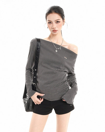 TALKLESSFASHION S / Black and white stripes XPKAEAX American Vintage Striped Contrast One-Shoulder Long Sleeve T-Shirt Women's Spring New Loose Waist Top