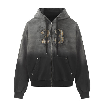 TALKLESSFASHION S / Black ash Jiayiku's 2026 new wasteland feng shui wash patch embroidered zipper sweatshirt jacket men's and women's American street hoodies