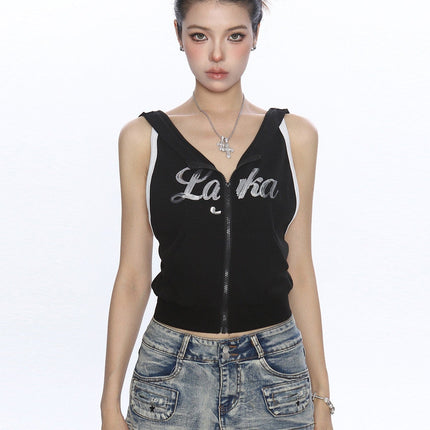TALKLESSFASHION S / black BIGGOLD American Spice Girl Sequins Sleeveless Hooded Vest Women's Summer Sexy Backless Slimming Sports Top Trend