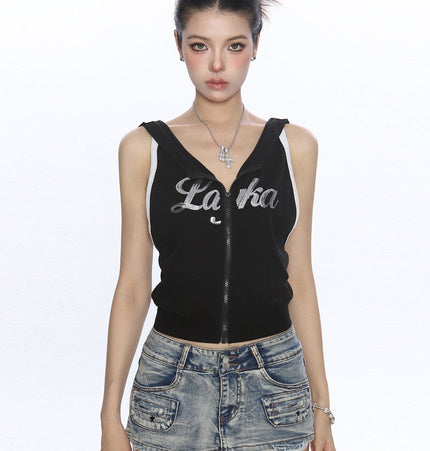 THETLSTUDIO S / black BIGGOLD American Spice Girl Sequins Sleeveless Hooded Vest Women's Summer Sexy Backless Slimming Sports Top Trend