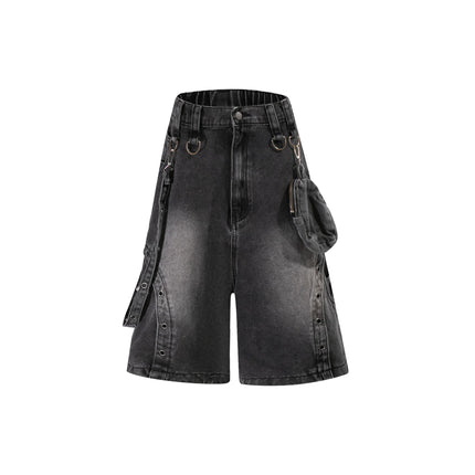TALKLESSFASHION S / black BLACKLISTS American high street heavy industry patchwork denim shorts men's and women's Abi punk cargo cropped pants