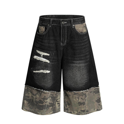 TALKLESSFASHION S / black BLACKLISTS American retro camouflage stitching destruction denim shorts cropped loose wide-leg cropped pants for men and women