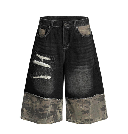 TALKLESSFASHION S / black BLACKLISTS American retro camouflage stitching destruction denim shorts cropped loose wide-leg cropped pants for men and women