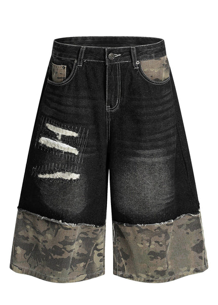THETLSTUDIO S / black BLACKLISTS American retro camouflage stitching destruction denim shorts cropped loose wide-leg cropped pants for men and women