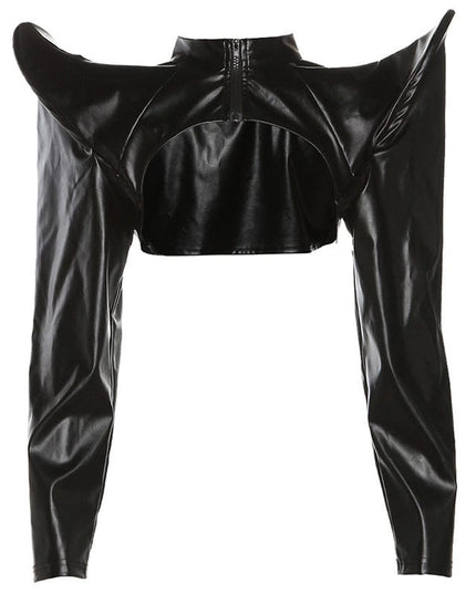 TALKLESSFASHION S / black Cyber-Crop Zip Round-Neck Cardigan