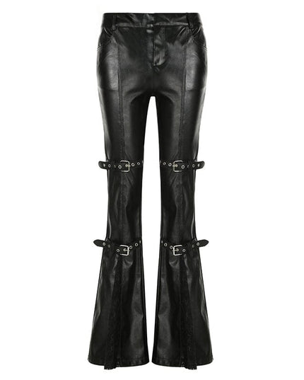 TALKLESSFASHION S / black Dark style corn Japanese button lace spliced leather bell bottoms hot girl street sexy low-waisted slim trousers