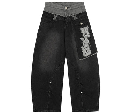 TALKLESSFASHION S / black Destroyed Scimitar Wide-Leg Jeans