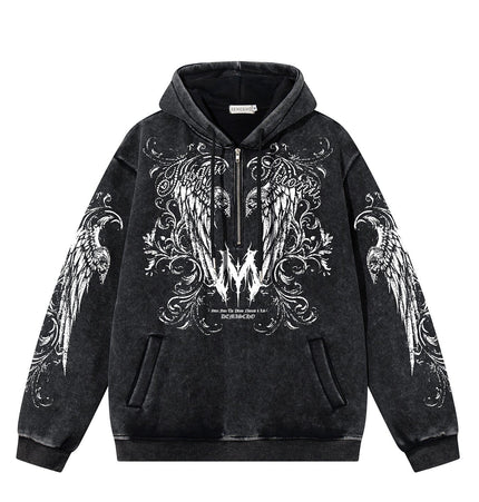 TALKLESSFASHION S / black Graphic  Washed Hooded Pullover