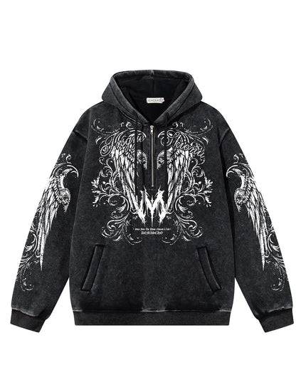 TALKLESSFASHION S / black Graphic  Washed Hooded Pullover