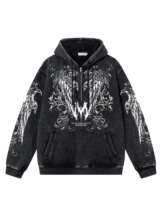 TALKLESSFASHION S / black Graphic  Washed Hooded Pullover