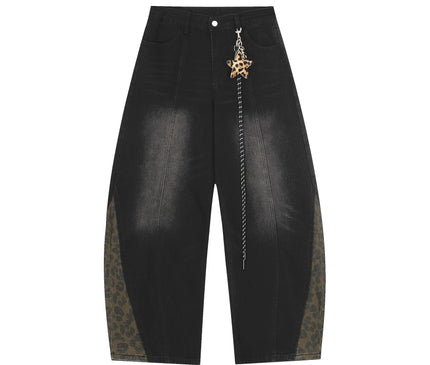 TALKLESSFASHION S / black Jiayiku trendy brand 2025 autumn new American retro leopard print scimitar jeans men's and women's loose wide-leg trousers