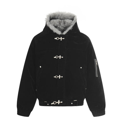TALKLESSFASHION S / black Jiayiku trendy brand 2025 winter mountain carving American old money style wool collar cotton jacket padded jacket suede cotton jacket