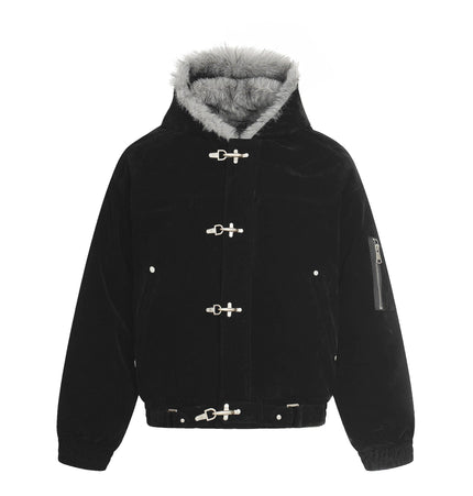TALKLESSFASHION S / black Jiayiku trendy brand 2025 winter mountain carving American old money style wool collar cotton jacket padded jacket suede cotton jacket