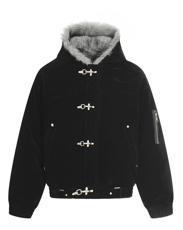 TALKLESSFASHION S / black Jiayiku trendy brand 2025 winter mountain carving American old money style wool collar cotton jacket padded jacket suede cotton jacket