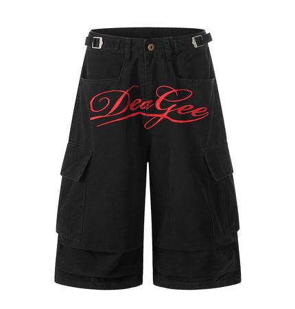 TALKLESSFASHION S / black Letter Embroidery Design Cargo Cropped Pants