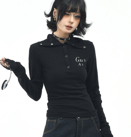 THETLSTUDIO S / black OV original American hot girl half-open lapel long-sleeved T-shirt women's autumn slim straight shoulder short base shirt top trend