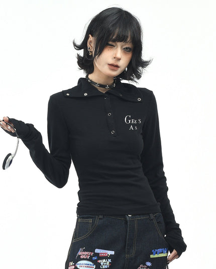 TALKLESSFASHION S / black OV original American hot girl half-open lapel long-sleeved T-shirt women's autumn slim straight shoulder short base shirt top trend
