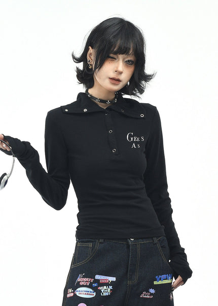 THETLSTUDIO S / black OV original American hot girl half-open lapel long-sleeved T-shirt women's autumn slim straight shoulder short base shirt top trend