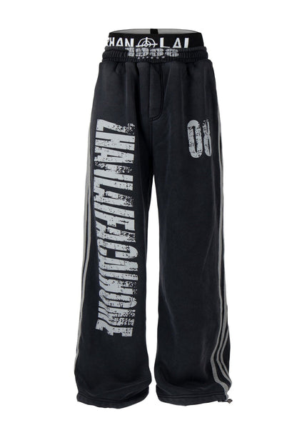 THETLSTUDIO S / Black plus velvet Fall 2025 American high street dirty and worn letter double waist sweatpants for men and women with a sense of design scimitar wide-leg pants