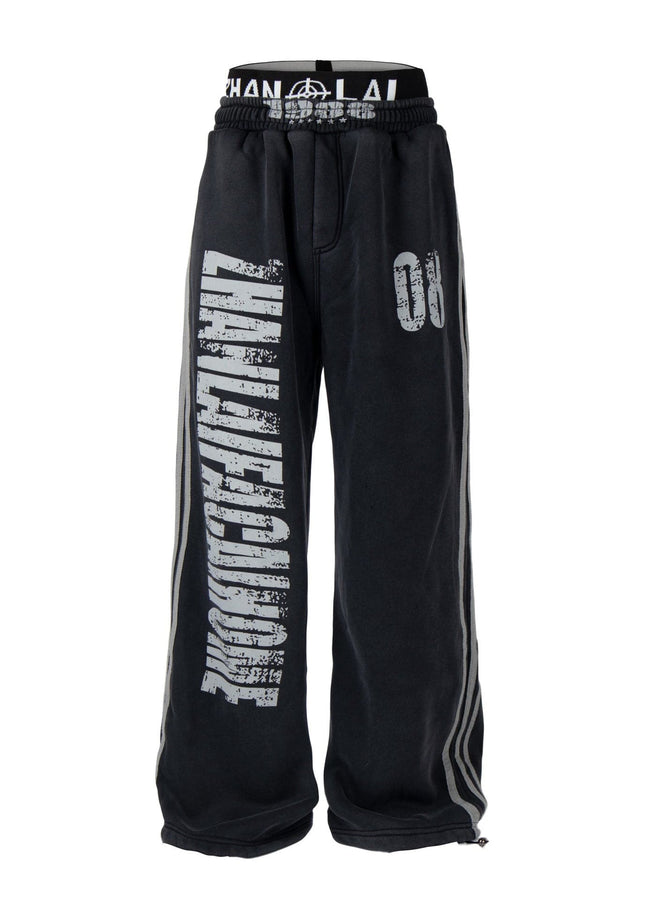 TALKLESSFASHION S / Black plus velvet Fall 2025 American high street dirty and worn letter double waist sweatpants for men and women with a sense of design scimitar wide-leg pants