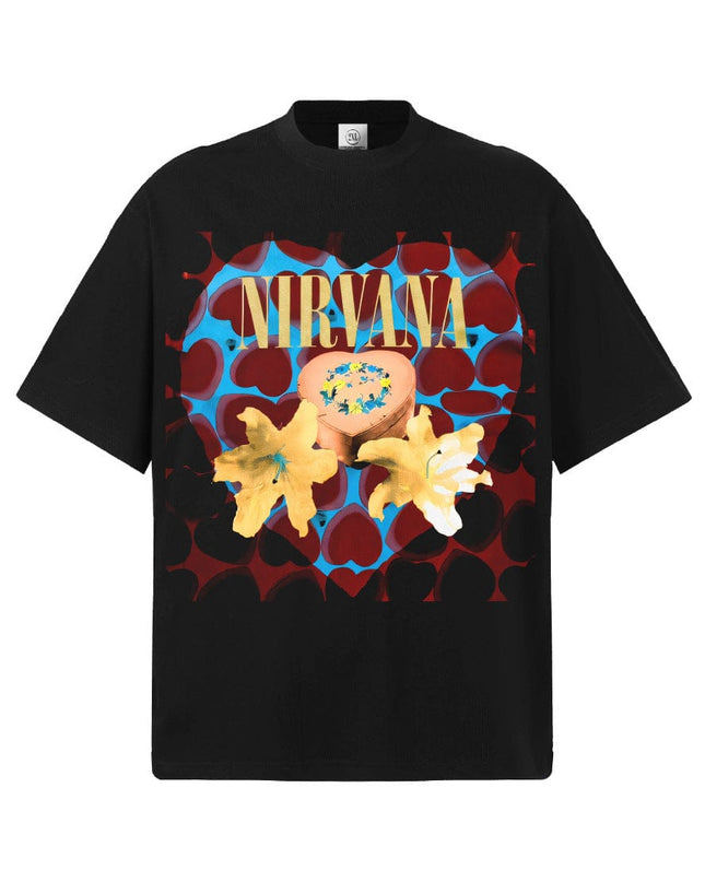 TALKLESSFASHION S / Black short sleeve 2026 Spring and Summer Nirvana Heart-shaped Gift Box American Cotton T-Shirt Men's Direct Jet Print Summer Breathable American Short Sleeves