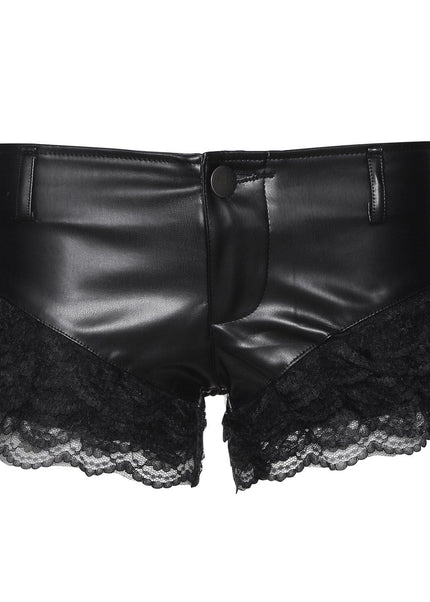 THETLSTUDIO S / black VOstudio 2025 Summer New Cool Sexy Lace Stitched PU Leather Ultra Shorts Hot Girl Low-Waisted Hot Pants Girl