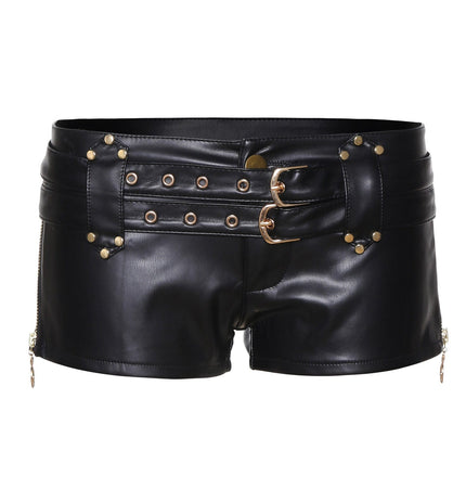 TALKLESSFASHION S / black VOstudio biker babes sexy low rise PU leather double belt shorts slim fit skinny punk hot pants female summer