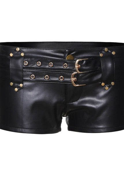 THETLSTUDIO S / black VOstudio biker babes sexy low rise PU leather double belt shorts slim fit skinny punk hot pants female summer