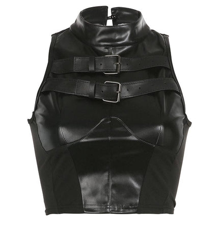 TALKLESSFASHION S / black VOstudio cool hot girl biker style turtleneck vest functional lace-up design PU leather sleeveless top for women
