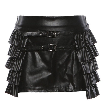 TALKLESSFASHION S / black VOstudio cool personality PU leather lace-up multi-layer ruffle design skirt 2026 new hip-hugging skirt