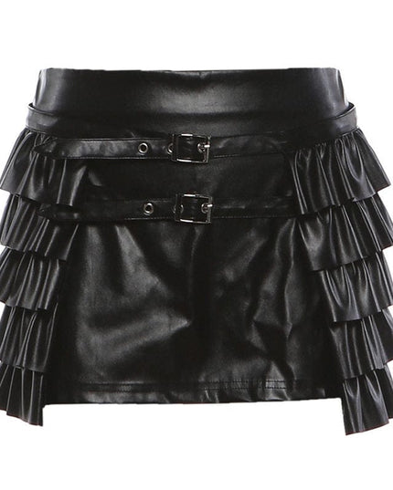 TALKLESSFASHION S / black VOstudio cool personality PU leather lace-up multi-layer ruffle design skirt 2026 new hip-hugging skirt