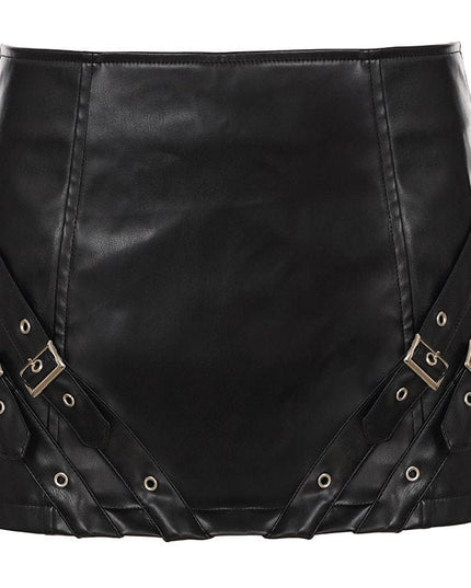 TALKLESSFASHION S / black VOstudio Cool Punk Lace-up Design PU Leather Skirt Pants Sexy Low-Rise American Biker Skirt