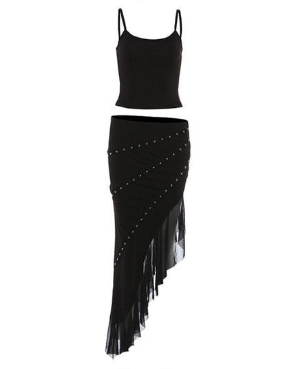 TALKLESSFASHION S / black VOstudio Cool Sa Hot Girl Rivet Mesh Stitching Irregular Skirt Camisole Two Piece Set Woman
