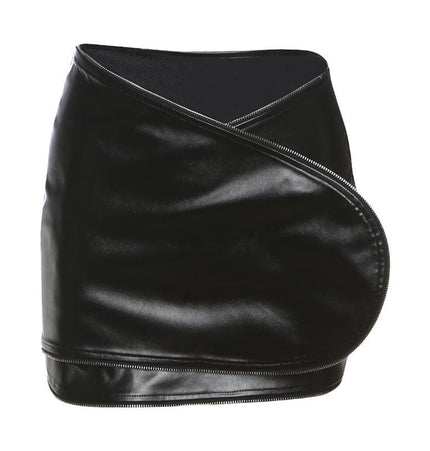 TALKLESSFASHION S / black VOstudio cool zipper velcro one-piece design PU leather short skirt hot girl sexy hip-hugging skirt